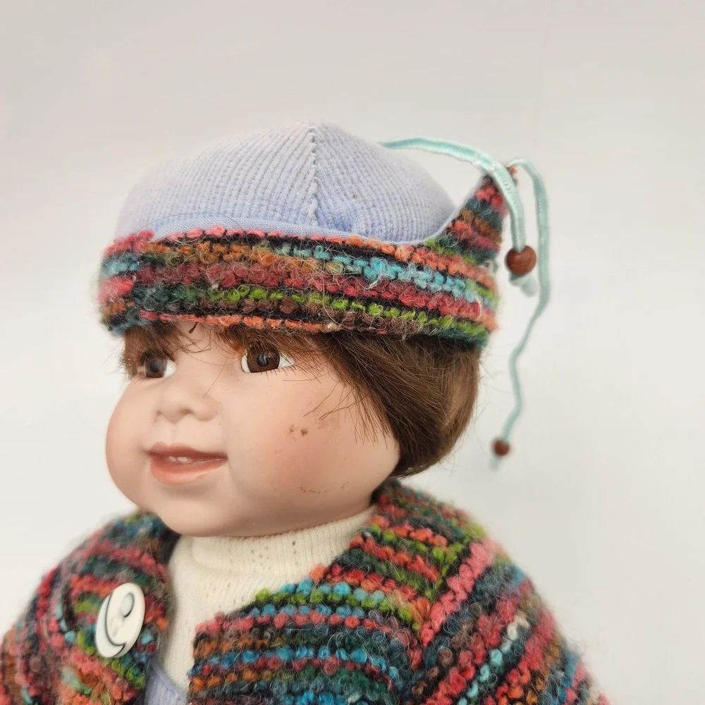 LPorcelain Boy Doll Knit Sweater‎ Blue Corduroy Overalls Brown Boots Hat